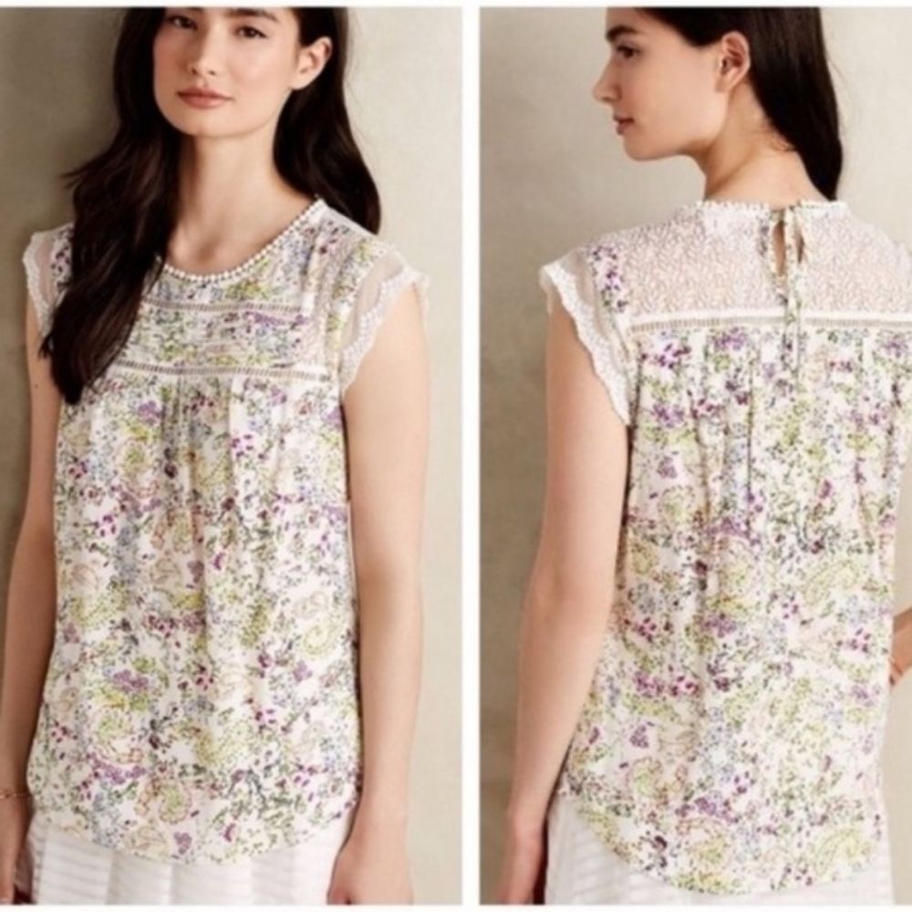 Anthro Meadow Rue Cream Floral Lace-Trim Cap Sleeve Blouse